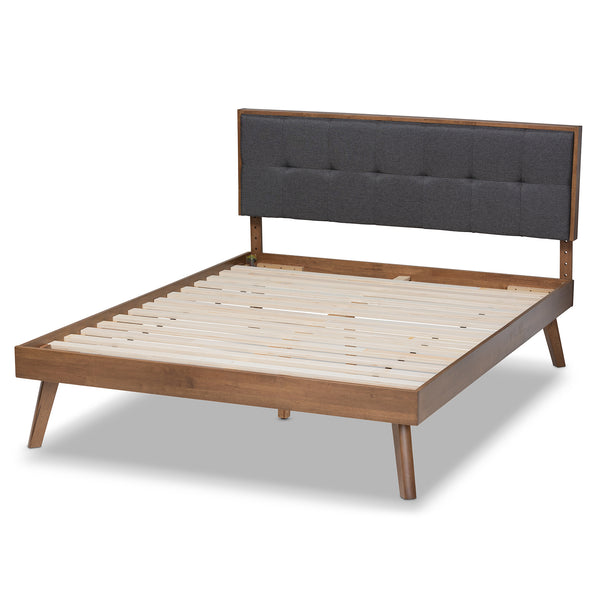 Baxton Studio Alke Mid-Century Modern Dark Grey Fabric Upholstered Walnut Brown Finished Wood King Size Platform Bed