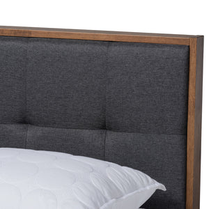 Baxton Studio Alke Mid-Century Modern Dark Grey Fabric Upholstered Walnut Brown Finished Wood King Size Platform Bed