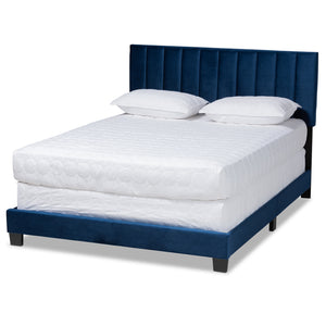 Baxton Studio Clare Glam and Luxe Navy Blue Velvet Fabric Upholstered Full Size Panel Bed with Channel Tufted Headboard