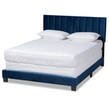 Clare Glam and Luxe Navy Blue Velvet Fabric Upholstered Queen Size Panel Bed with Channel Tufted Headboard