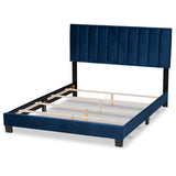 Baxton Studio Clare Glam and Luxe Navy Blue Velvet Fabric Upholstered King Size Panel Bed with Channel Tufted Headboard