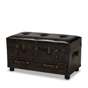 Baxton Studio Callum Modern Transitional Distressed Dark Brown Faux Leather Upholstered 2-Drawer Storage Trunk Ottoman