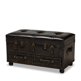 Callum Modern Transitional Distressed Dark Brown Faux Leather Upholstered 2-Drawer Storage Trunk Ottoman