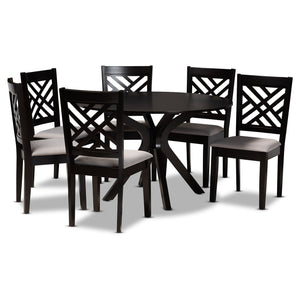 Norah Modern and Contemporary Grey Fabric Upholstered and Dark Brown Finished Wood 7-Piece Dining Set