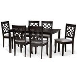 Mael Modern and Contemporary Grey Fabric Upholstered and Dark Brown Finished Wood 7-Piece Dining Set