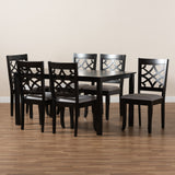 Mael Modern and Contemporary Grey Fabric Upholstered and Dark Brown Finished Wood 7-Piece Dining Set