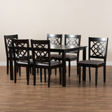 Renaud Modern and Contemporary Grey Fabric Upholstered and Dark Brown Finished Wood 7-Piece Dining Set