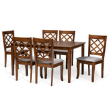 Verner Modern and Contemporary Grey Fabric Upholstered and Walnut Brown Finished Wood 7-Piece Dining Set