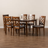 Verner Modern and Contemporary Grey Fabric Upholstered and Walnut Brown Finished Wood 7-Piece Dining Set