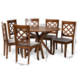 Jana Modern and Contemporary Grey Fabric Upholstered and Walnut Brown Finished Wood 7-Piece Dining Set