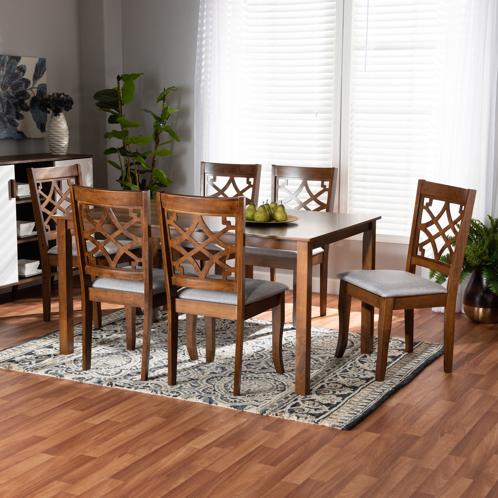 Baxton Studio Mael Modern and Contemporary Grey Fabric Upholstered and Walnut Brown Finished Wood 7-Piece Dining Set