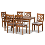 Renaud Modern and Contemporary Grey Fabric Upholstered and Walnut Brown Finished Wood 7-Piece Dining Set