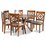Sadie Modern and Contemporary Grey Fabric Upholstered and Walnut Brown Finished Wood 7-Piece Dining Set