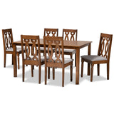 Cherese Modern and Contemporary Grey Fabric Upholstered and Walnut Brown Finished Wood 7-Piece Dining Set
