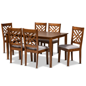 Caron Modern and Contemporary Grey Fabric Upholstered and Walnut Brown Finished Wood 7-Piece Dining Set