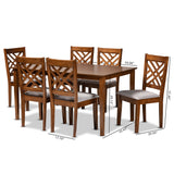 Caron Modern and Contemporary Grey Fabric Upholstered and Walnut Brown Finished Wood 7-Piece Dining Set