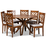Norah Modern and Contemporary Grey Fabric Upholstered and Walnut Brown Finished Wood 7-Piece Dining Set