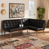 Arvid Mid-Century Modern Dark Brown Faux Leather Upholstered 2-Piece Wood Dining Corner Sofa Bench
