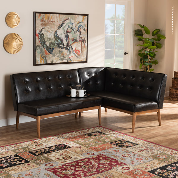 Arvid Mid Century Modern Dark Brown Faux Leather Upholstered 2 Piece Wood Dining Corner Sofa Bench