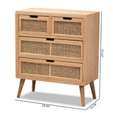 Baxton Studio Alina Mid-Century Modern Medium Oak Finished Wood and Rattan 4-Drawer Accent Storage Cabinet