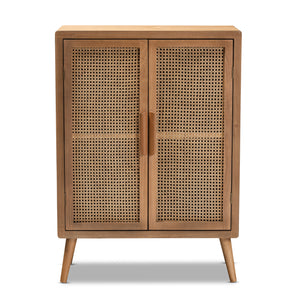 Baxton Studio Alina Mid-Century Modern Medium Oak Finished Wood and Rattan 2-Door Accent Storage Cabinet