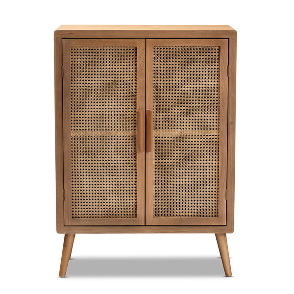 Baxton Studio Alina Mid-Century Modern Medium Oak Finished Wood and Rattan 2-Door Accent Storage Cabinet