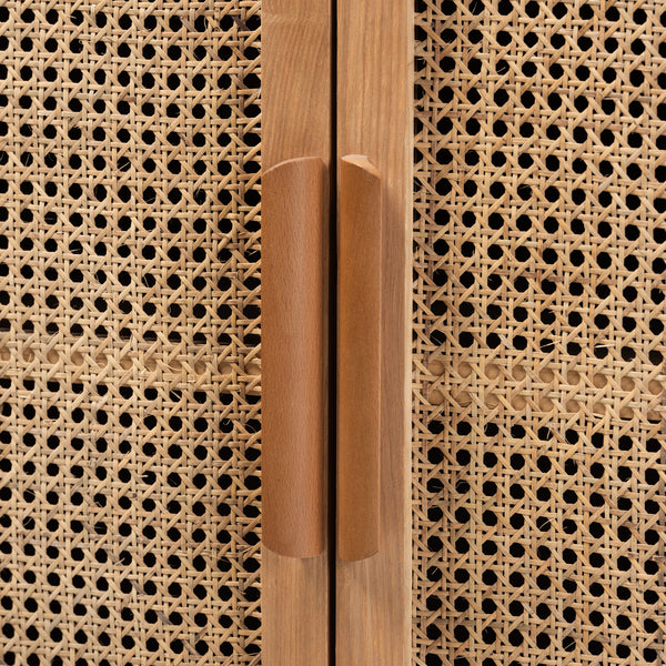 Baxton Studio Alina Mid-Century Modern Medium Oak Finished Wood and Rattan 2-Door Accent Storage Cabinet