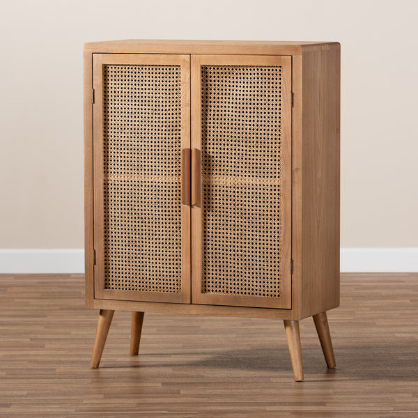 Baxton Studio Alina Mid-Century Modern Medium Oak Finished Wood and Rattan 2-Door Accent Storage Cabinet