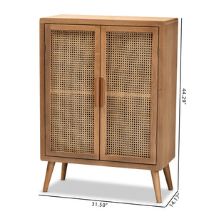 Baxton Studio Alina Mid-Century Modern Medium Oak Finished Wood and Rattan 2-Door Accent Storage Cabinet