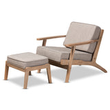 Sigrid Mid-Century Modern Upholstered Antique Oak Finished 2-Piece Wood Armchair and Ottoman Set