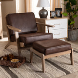 Baxton Studio Sigrid Mid-Century Modern Dark Brown Faux Leather Effect Fabric Upholstered Antique Oak Finished 2-Piece Wood Armchair and Ottoman Set