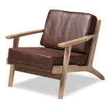 Sigrid Mid-Century Modern Dark Brown Faux Leather Effect Fabric Upholstered Antique Oak Finished Wood Armchair