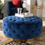 Baxton Studio Sasha Glam and Luxe Royal Blue Velvet Fabric Upholstered Gold Finished Round Cocktail Ottoman