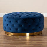 Baxton Studio Sasha Glam and Luxe Royal Blue Velvet Fabric Upholstered Gold Finished Round Cocktail Ottoman