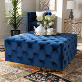 Baxton Studio Verene Glam and Luxe Royal Blue Velvet Fabric Upholstered Gold Finished Square Cocktail Ottoman