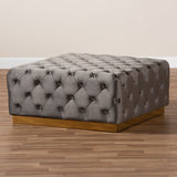 Baxton Studio Verene Glam and Luxe Grey Velvet Fabric Upholstered Gold Finished Square Cocktail Ottoman