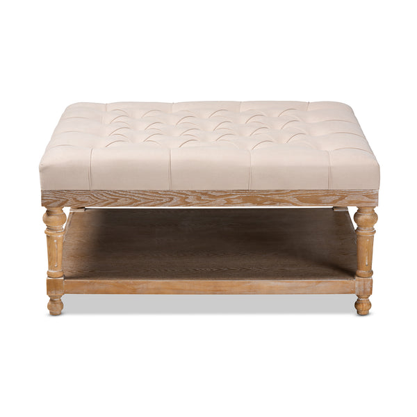 Baxton Studio Kelly Modern and Rustic Beige Linen Fabric Upholstered and Greywashed Wood Cocktail Ottoman