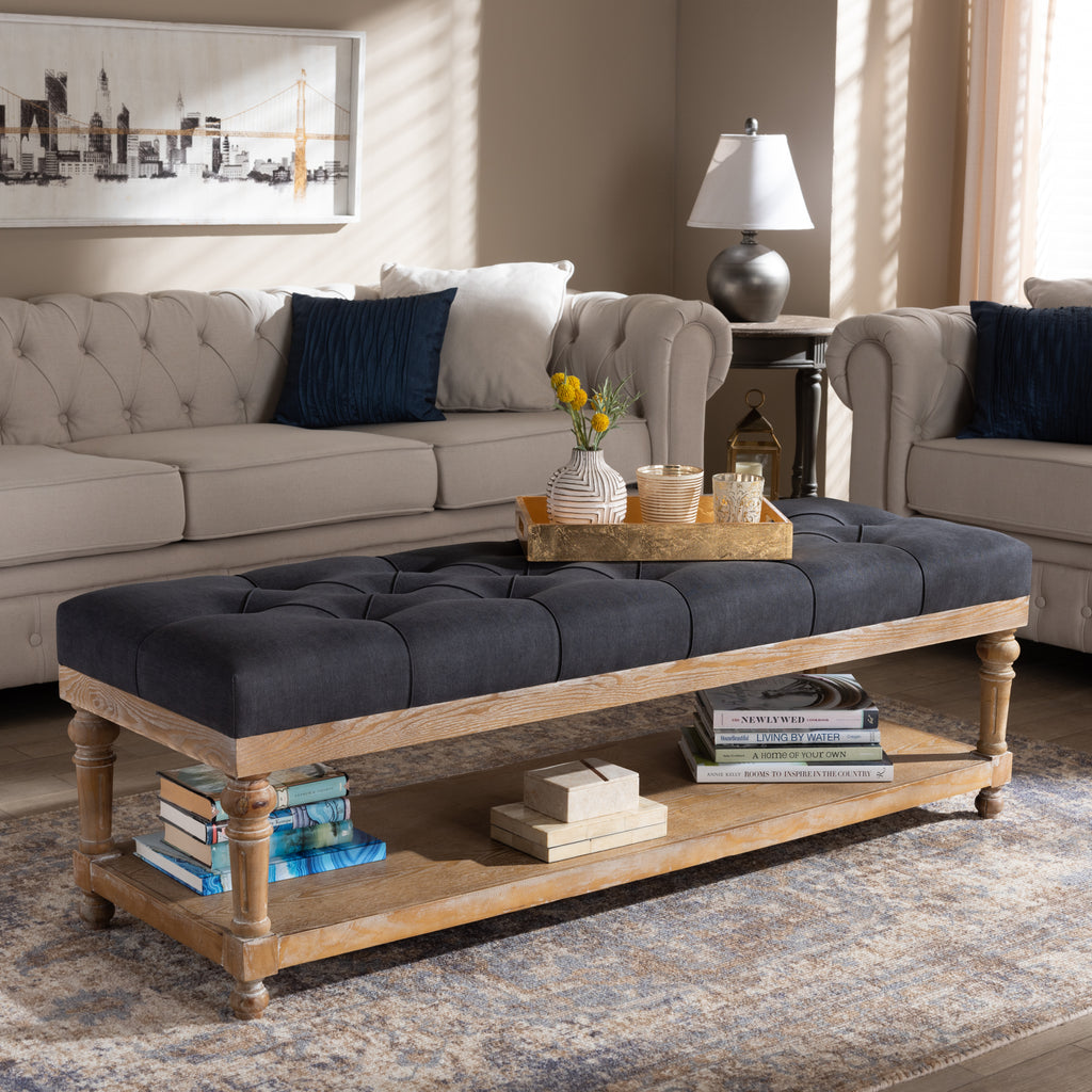 Linda Modern and Rustic Linen Fabric Upholstered and Greywashed Wood Storage Bench