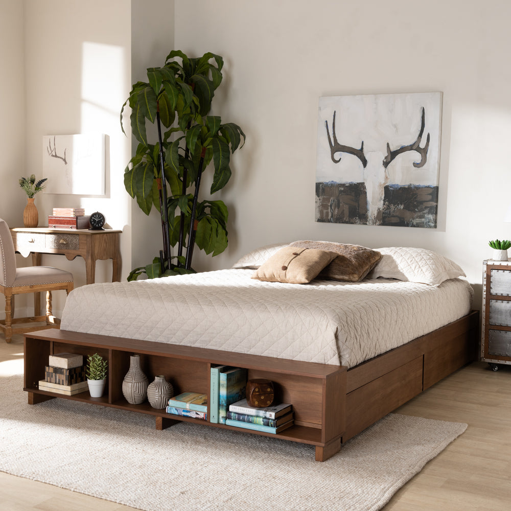 Baxton Studio Arthur Modern Rustic Ash Walnut Brown Finished Wood King Size Platform Bed with Built-In Shelves