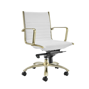 Dirk Low Back Office Chair in White with Matte Brushed Gold Base