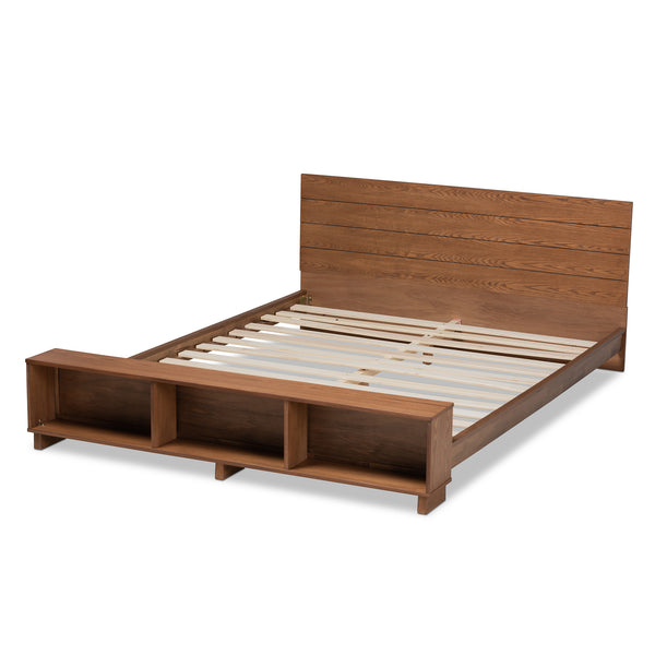 Baxton Studio Regina Modern Rustic Ash Walnut Brown Finished Wood Queen Size Platform Storage Bed with Built-In Shelves