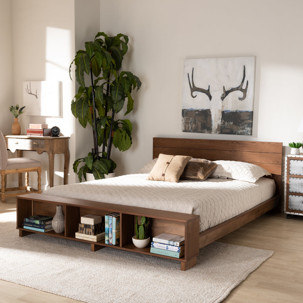 Baxton Studio Regina Modern Rustic Ash Walnut Brown Finished Wood Queen Size Platform Storage Bed with Built-In Shelves