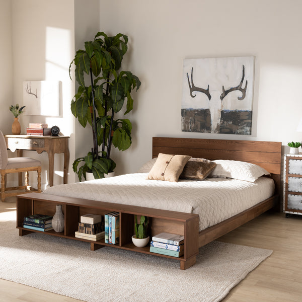 Baxton Studio Regina Modern Rustic Ash Walnut Brown Finished Wood Queen Size Platform Storage Bed with Built-In Shelves