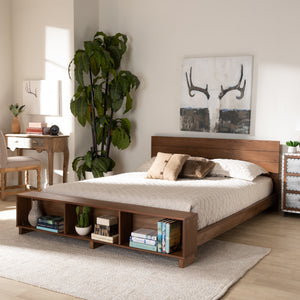 Baxton Studio Regina Modern Rustic Ash Walnut Brown Finished Wood Queen Size Platform Storage Bed with Built-In Shelves
