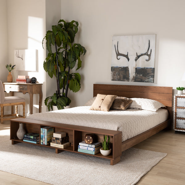 Baxton Studio Regina Modern Rustic Ash Walnut Brown Finished Wood Queen Size Platform Storage Bed with Built-In Shelves