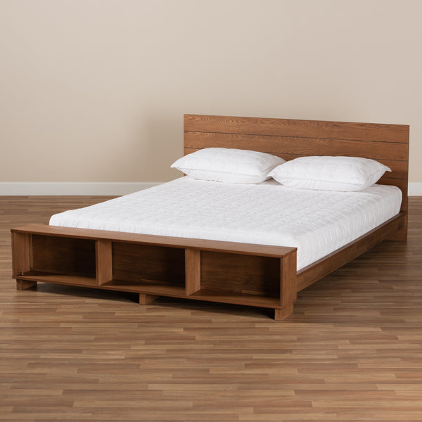Baxton Studio Regina Modern Rustic Ash Walnut Brown Finished Wood Queen Size Platform Storage Bed with Built-In Shelves
