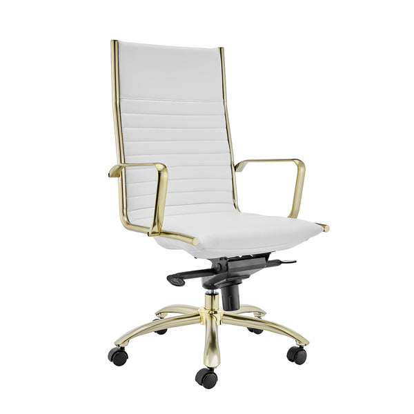 Dirk High Back Office Chair in White with Matte Brushed Gold Base