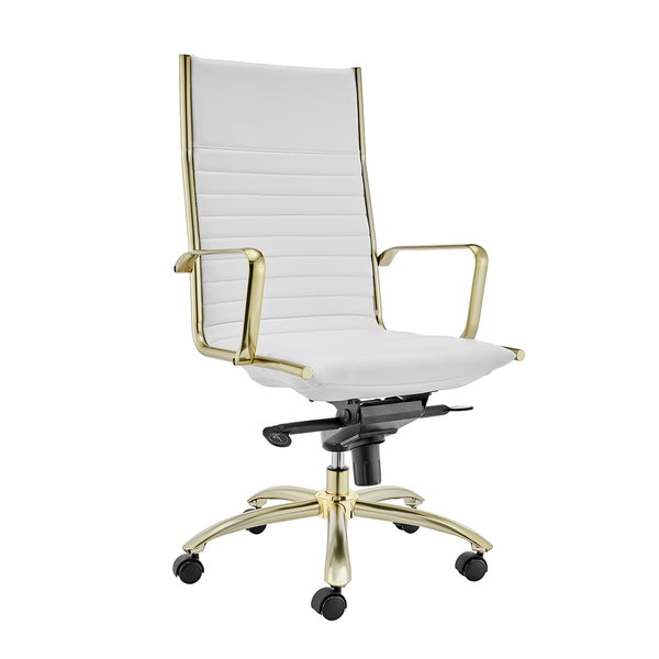 Dirk High Back Office Chair in White with Matte Brushed Gold Base