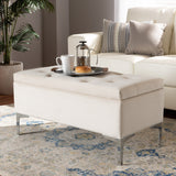 Baxton Studio Mabel Modern and Contemporary Transitional Beige Velvet Fabric Upholstered Silver Finished Storage Ottoman 