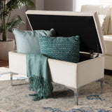 Baxton Studio Mabel Modern and Contemporary Transitional Beige Velvet Fabric Upholstered Silver Finished Storage Ottoman 